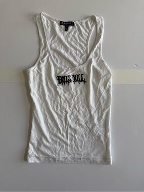 Dolls Kill White Ribbed Tank Top with Black Logo Tag